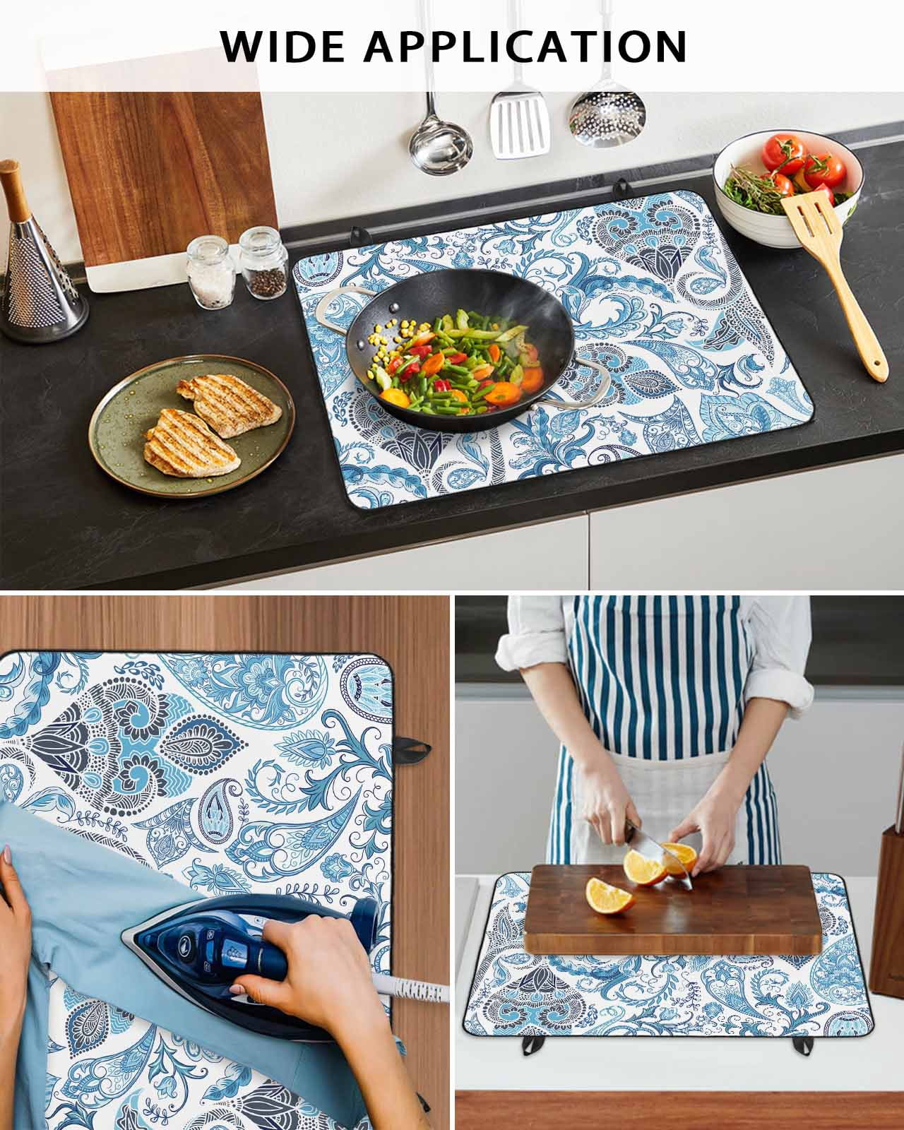 nqOlkjepod Large Induction Cooktop Protector Mat 36"x21", Blue Paisley Stove Top Covers for Electric Stove, Ethnic Abstract Art Vintage Decorative Stove Burner Cover Mats, Glass Top Stove Cover