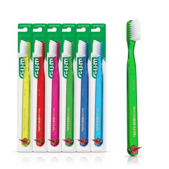 GUM Classic Soft Toothbrush, Compa Count Head, Includes Rubber Tip Dental Pick 1 Count (Pack of 6)