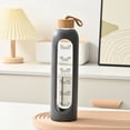 thumbnail image 2 of Botella de Agua de Vidrio de 1 L con Marca de Tiempo, Portátil, con Tapa de Bambú, Sin Plomo, Deportiva, con de Silicona, Color Negro., 2 of 5