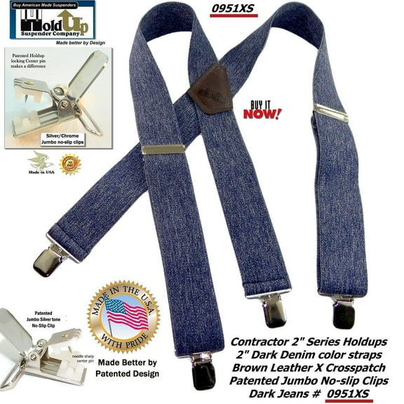 Holdup Brand Heavy Duty Dark Denim Work Suspenders with Patented Silver Tone no-slip clips