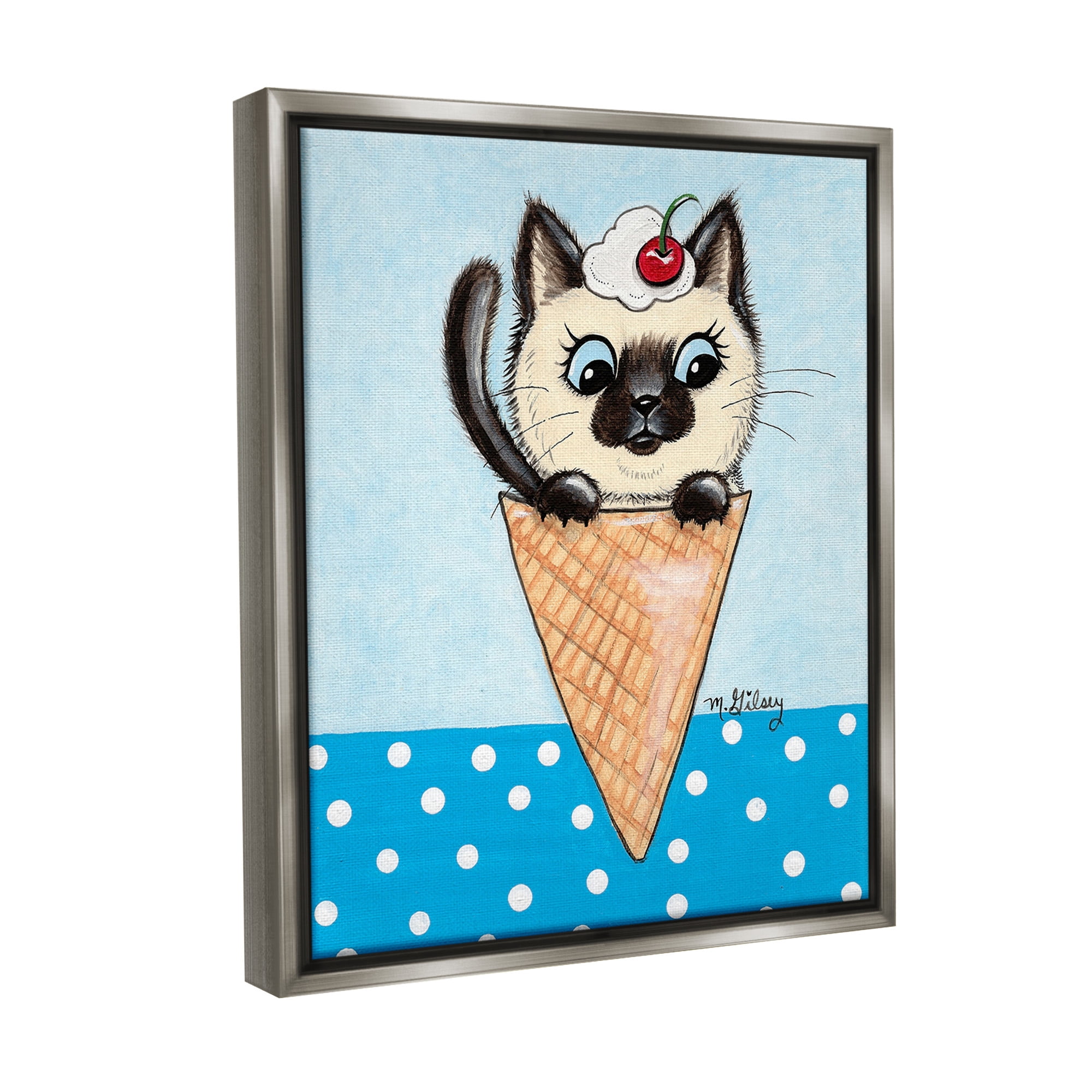 Stupell Industries Kitten Sundae Cone Animals & Insects Painting Gray Floater Framed Canvas Art Print Wall Art, 17 x 21