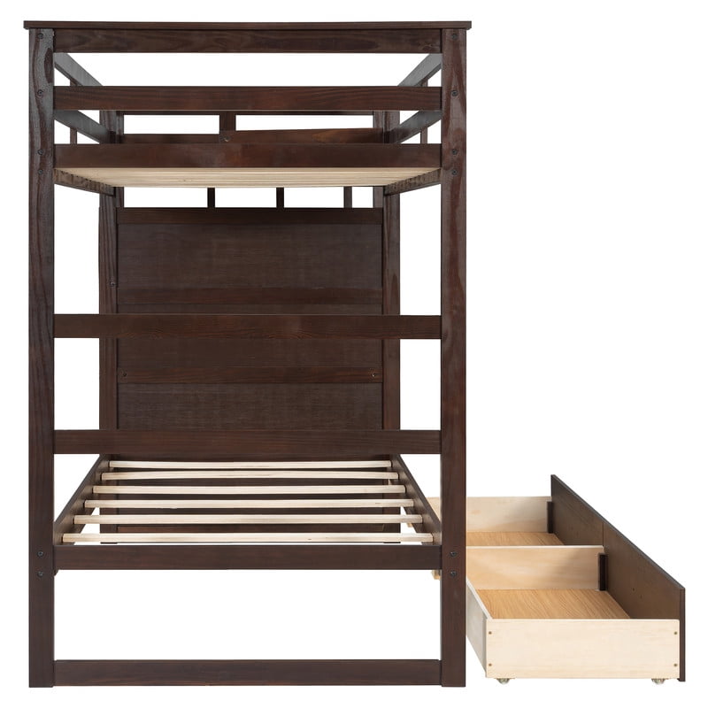 Twin Over Twin Kids/Teens Bunk Bed with Buit-In Staircase, Wooden Storage Bed Frame with 6 Drawers