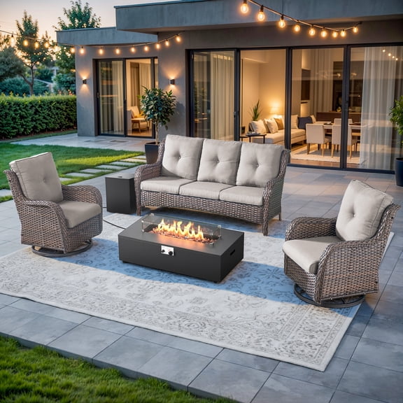 Giantfurnni 4 Piece Patio Wicker Furniture Set, Outdoor Swivel Rocker Chairs, All Weather Outdoor Patio Couch with Fire Pit Table for Deck Porch