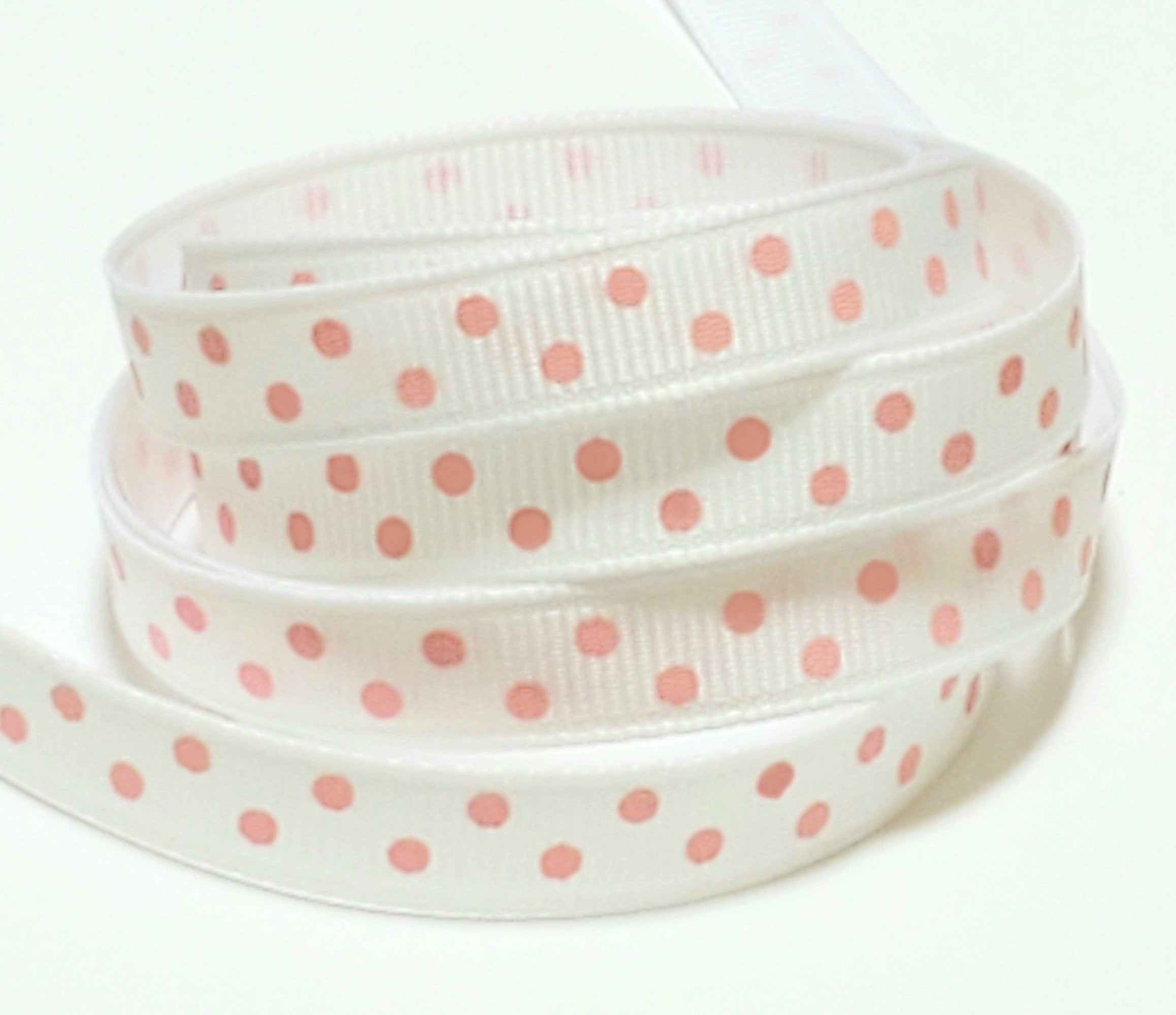 White With Pink Polka Dots Grosgrain Ribbon 3/8 Inches Wide x 10