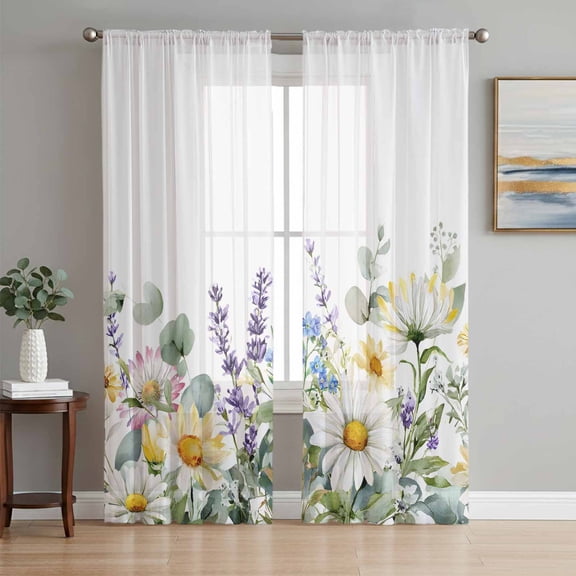 Spring Daisy Sheer Curtains 84 Inch Length 2 Panels Set Window Treatments, Country Botanicala Flowers Eucalyptus Trees Rod Pocket Semi Curtains for Living Room/Bedroom/Kitchen Décor, 104"W x 84"L