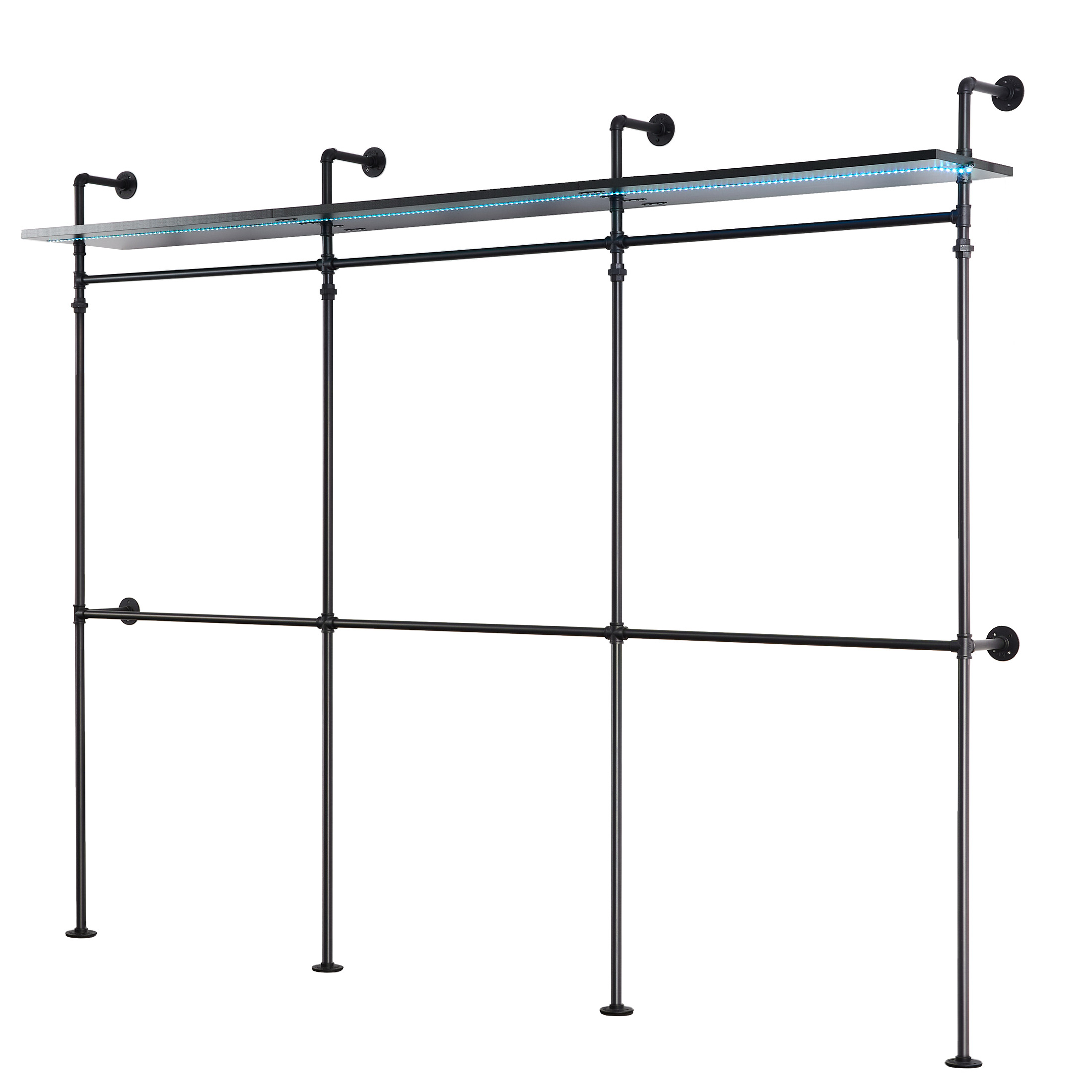 Aukfa 118" Industrial Pipe Clothing Rack with Lights, Shelves, Walk-in Closet System, Wardrobe Rack