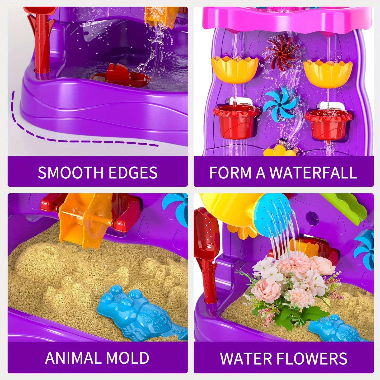 Kids Waterfall Water Table Play Set -Purple- Double-Sided Waterfall Discovery Wall, With Shovels, Buckets, Sea Creatures for Outdoor Backyard Beach Sensory Play, Gift for Boys Girls Age 3+