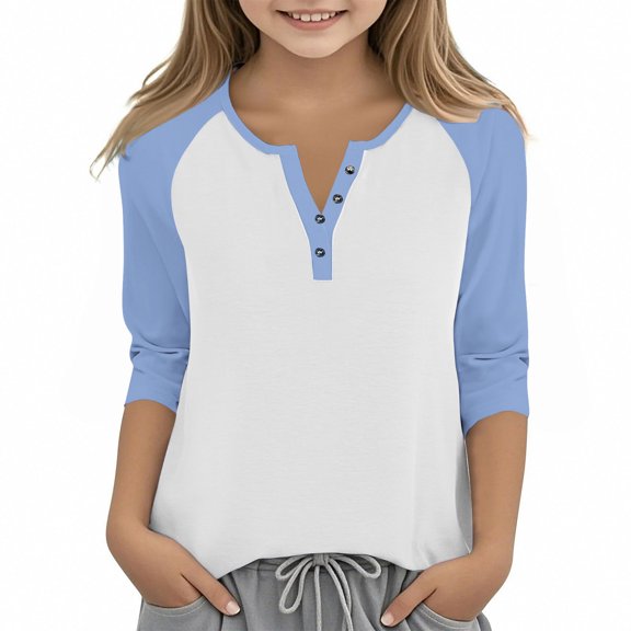 DxhmoneyHX 3/4 Sleeve T Shirts for Girls Dressy Casual V Neck Raglan Henley Shirt Spring Fall Fashion Tunic Tops Casual Lightweight Basic Tees Size 9 Years
