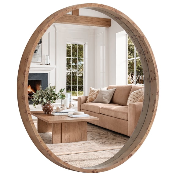 WallBeyond 32in. Round Burlwood Wall Mirror with Natural Wide Wood Frame for Bathroom Vanity