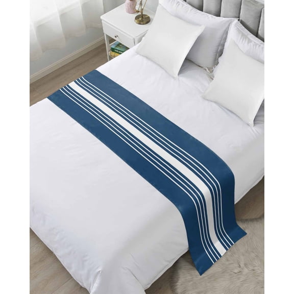 Bed Runner Scarf Twin Size, Navy Blue White Stripe Stain Bed Runners & Scarves for Foot of Beds, Modern Rustic Vertical Striped Decorative Bedding Runner Scarf for Hotel Home Bedroom