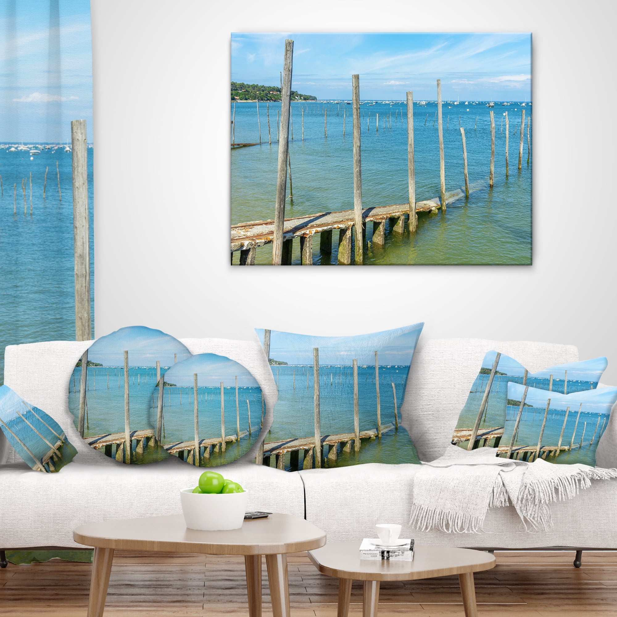 Designart Wooden Piers by Blue Sea - Seascape Throw Pillow - 12x20