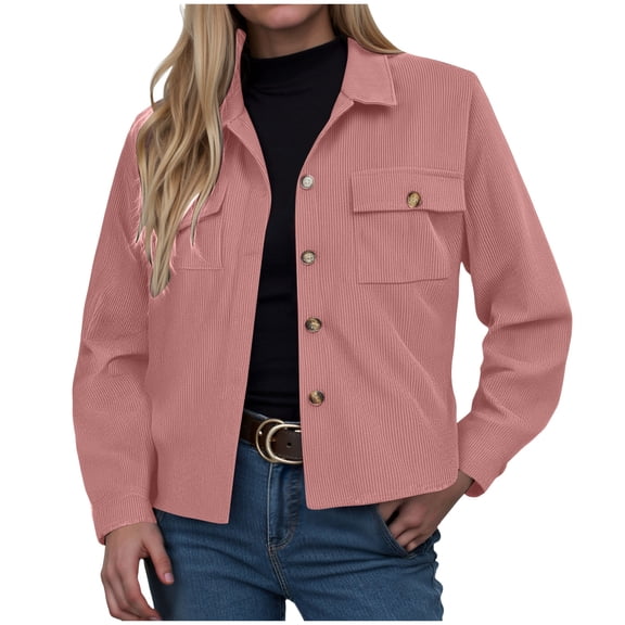 larppty Womens Fashion Cropped Corduroy Shackets Button Down Jackets Tops Fall Trendy Lightweight Long Sleeve Shirts (Pink, M)