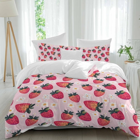 3 Piece Strawberry Duvet Cover Set Full Size, Microfiber Comforter/Quilt Cover with Corner Ties and 2 Pillowcases, Pink Spring Summer Rustic Floral Fruit All Season Soft Bedding with Zipper Closure