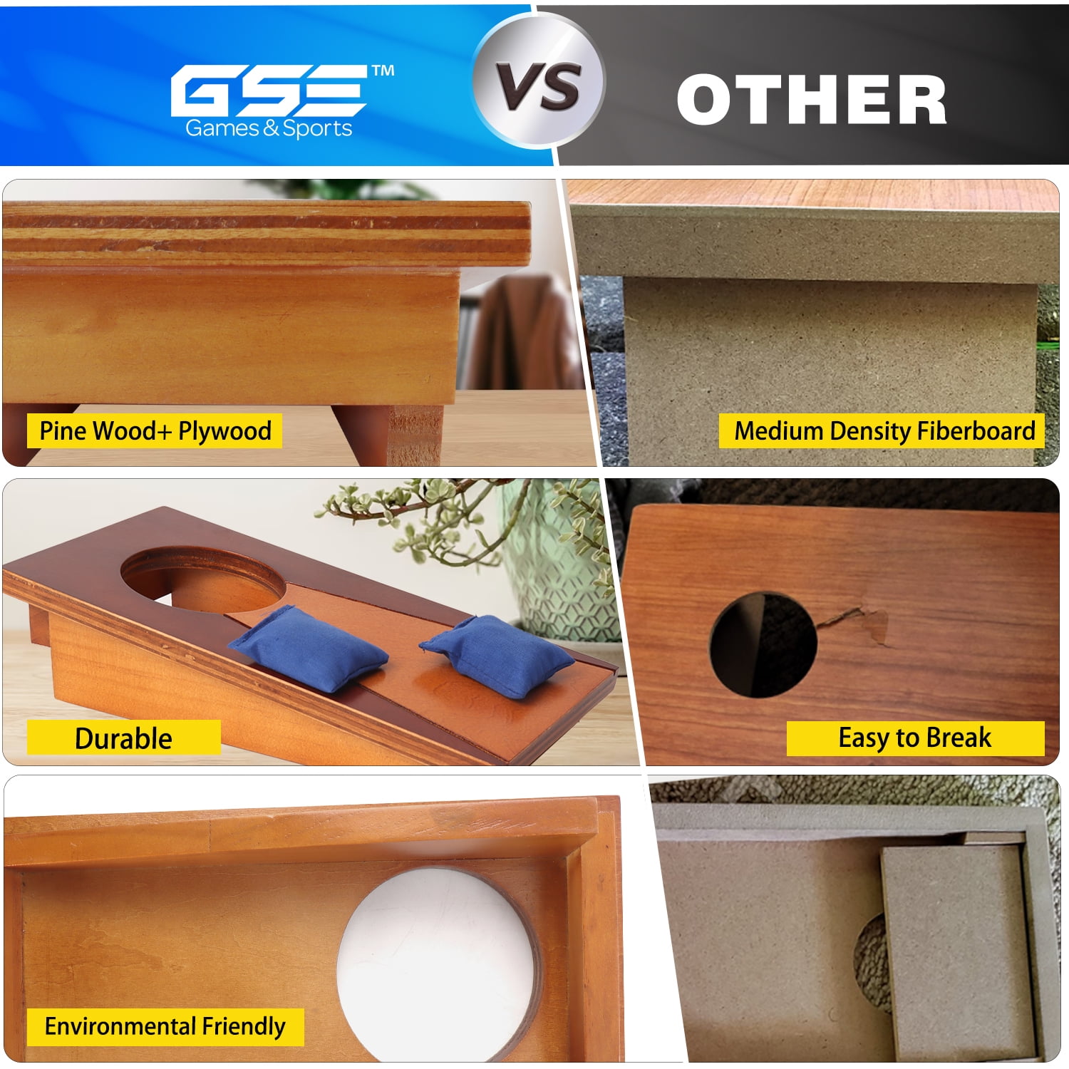 GSE Games & Sports Expert Mini Solid Wood Portable Tabletop Cornhole Toss Game Set with 8 Bean Bags for Tailgate Parties or Gatherings
