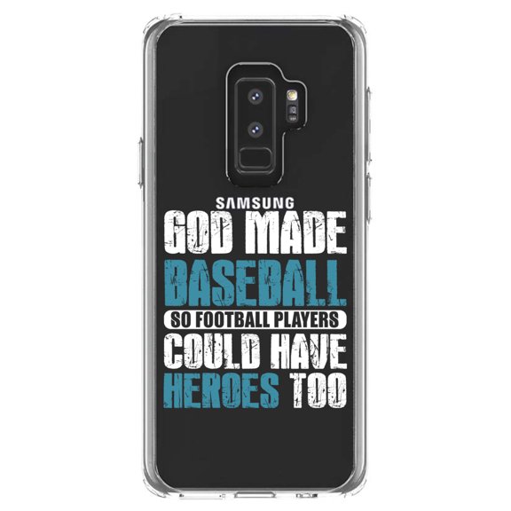 DistinctInk Clear Shockproof Hybrid Case for Samsung Galaxy S9  PLUS (6.2" Screen) - TPU Bumper Acrylic Back Tempered Glass Screen Protector - God Made Baseball so Football Players Heroes