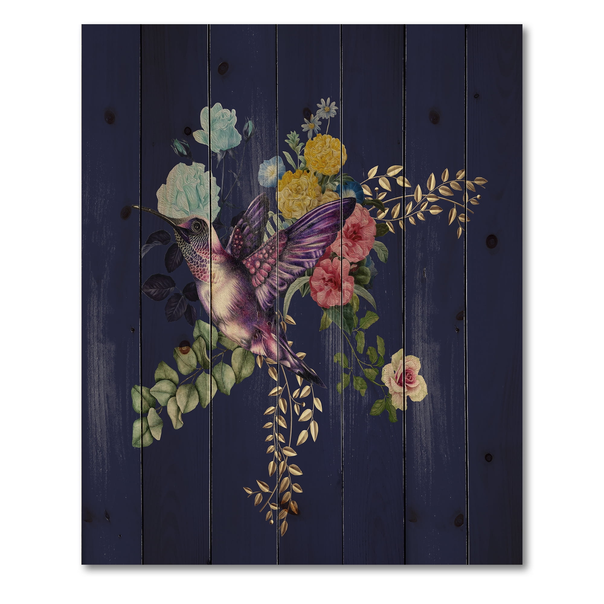 Designart 'Little Bird Sitting On Colourful Bouquet Of Wildflowers I' Traditional Print on Natural Pine Wood
