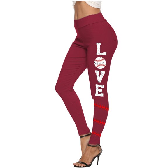 Lilgiuy Ladies Trendy Solid Color Baseball Heart Print High Waist Casual Leggings Trousers Pants for New Year Thanksgiving