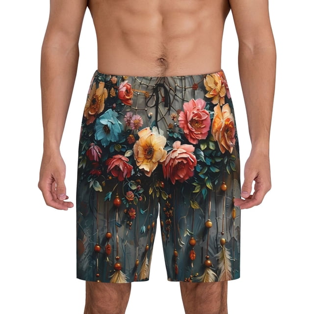 Balery Floral Dreamcatcher Elegance Pantalones cortos de pijama de punto de algodón para hombre con cinturilla y bolsillos-XX-Large