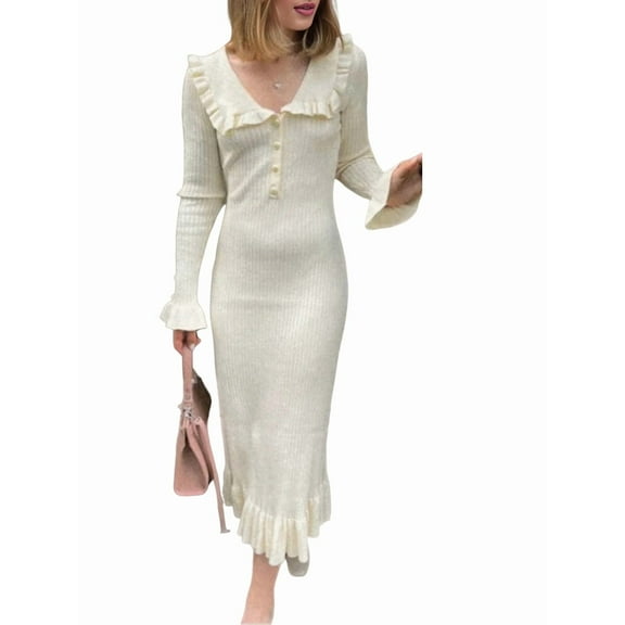 Womens Elegant Trendy Long Sleeve V Neck Maxi Dresses Flowy Pleated Formal Dresses with Belt White S