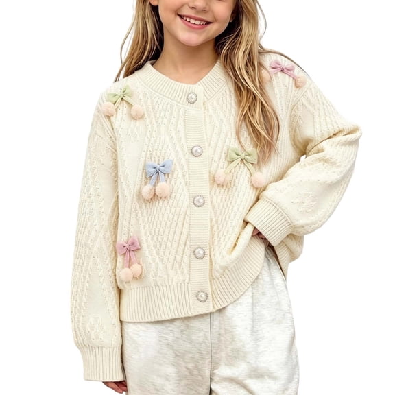 BLVB Toddler Little Girl Cardigan Long Sleeve Button down Sweater Kids Cute Fall Knitwear Jacket(White,1-2 Years)