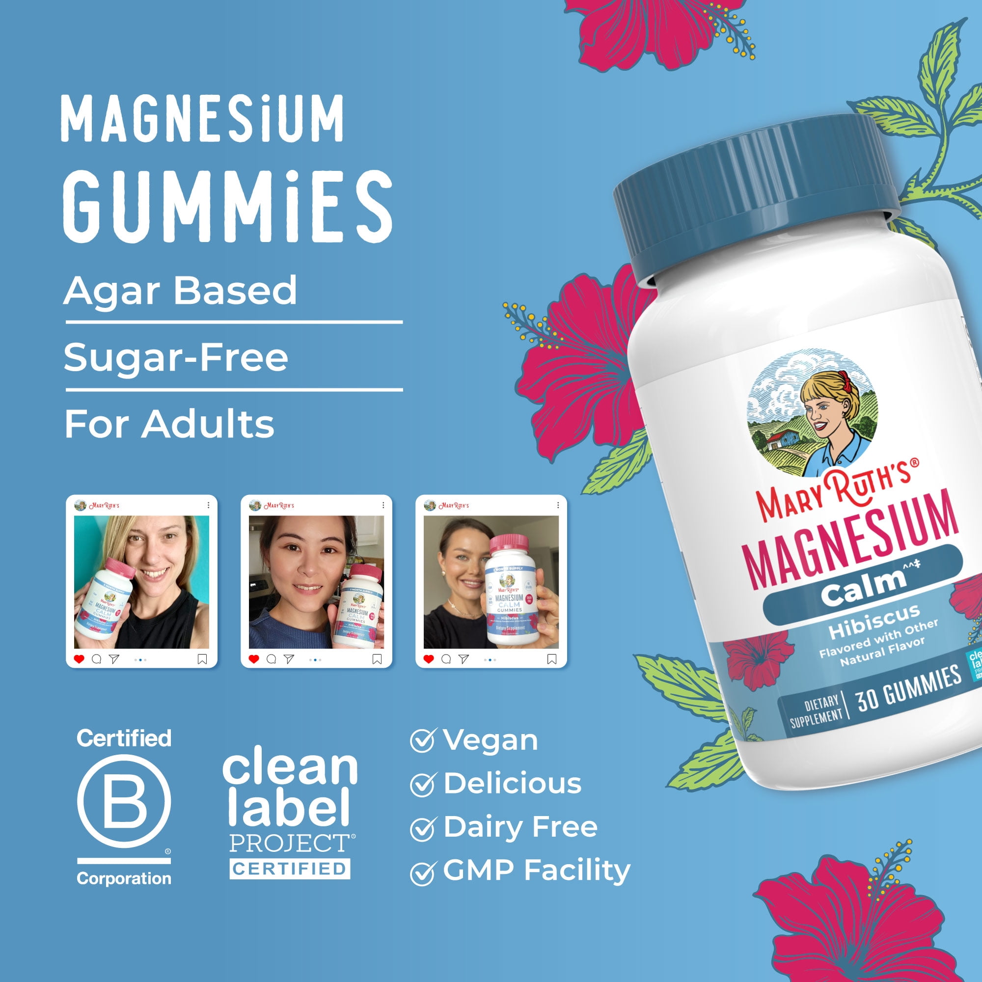 (2 pack) MaryRuth Organics Adult Magnesium Calm Gummies for Bone and Joint Health, Mineral Supplements, Hibiscus, 30 Count
