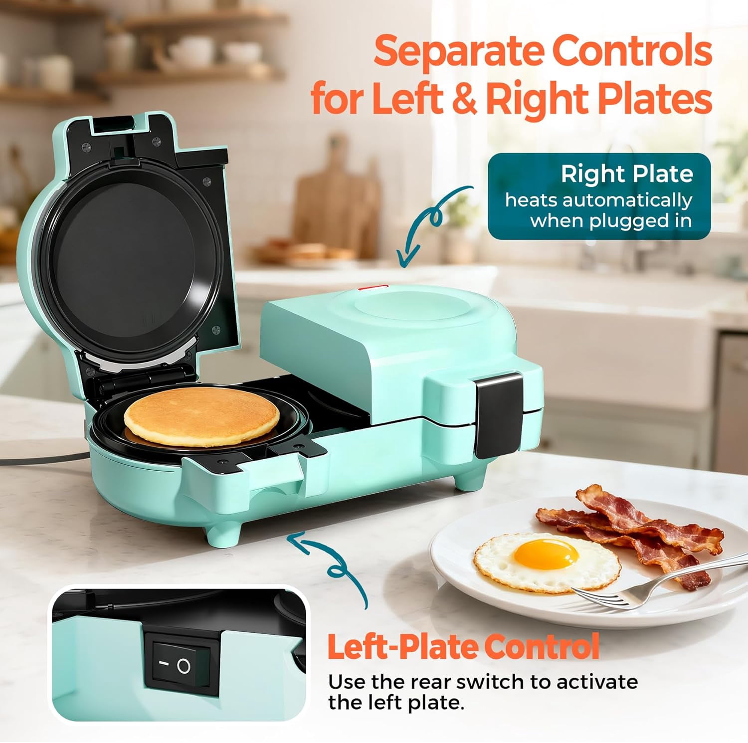 2-in-1 Double Waffle & Pancake Maker -  4" Nonstick Iron with Removable Plates for Small Spaces