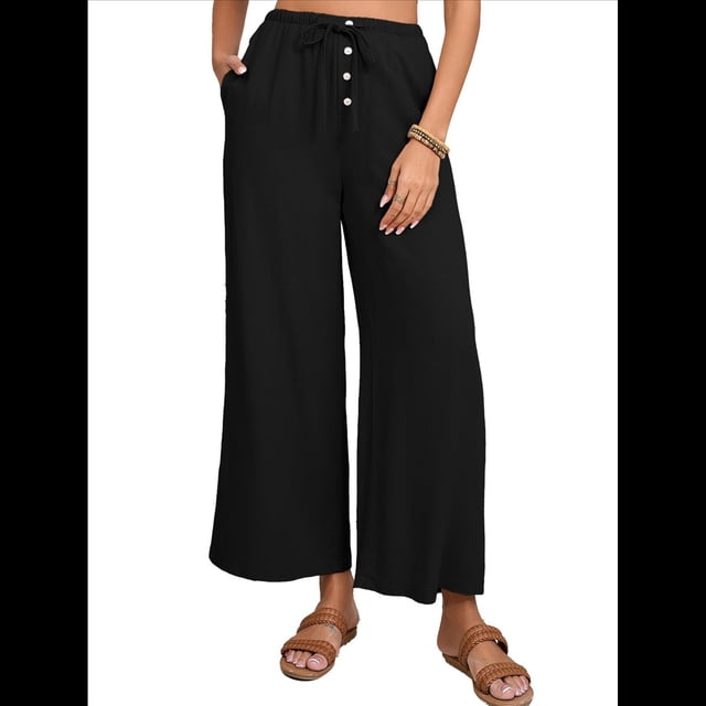 Pantalones de y Algodón para Mujer, Informales, de Verano, para Playa, con Cordón, Holgados, de Pierna , con Bolsillos. Negro M