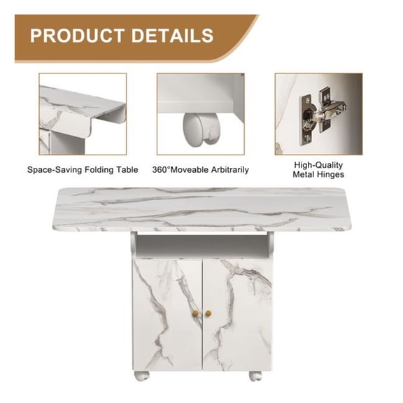 47" Folding Dining Table with Storage, Kitchen Island with Wheels - White Marble, Entryway Console Table