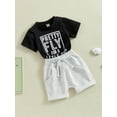thumbnail image 4 of Toddler Baby Boy Clothes Set Letter Print 6M 12M 18M 24M 3Y Crewneck T-Shirt and Solid Color Shorts Set 2Pcs Summer Outfits, 4 of 10