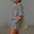 thumbnail image 3 of Pounoo Linen Sets for Women 2 Piece Tie Front V Neck Short Sleeve Tops Cuffed Hem Shorts Summer Beach Vacation Casual Matching Outfits Gift, 3 of 9