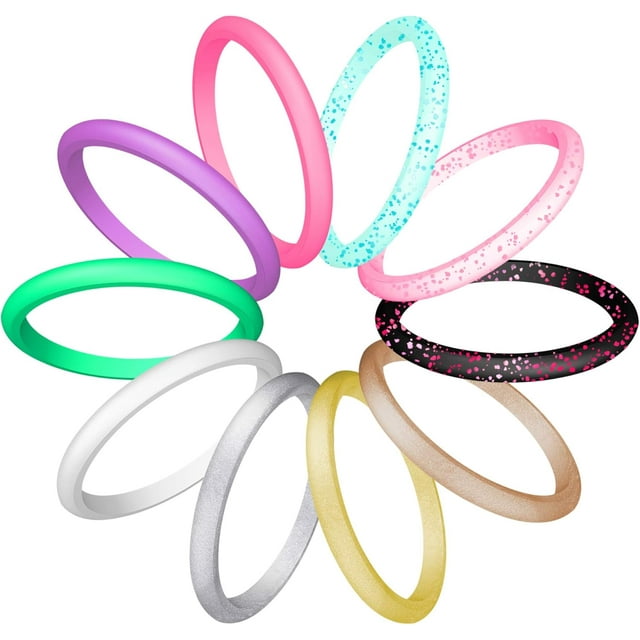 ATJIA 10 Rings Pack Silicone Wedding Ring for Women Men Thin and Stackable Silicone Rubber Glitters Rings for Love Couple