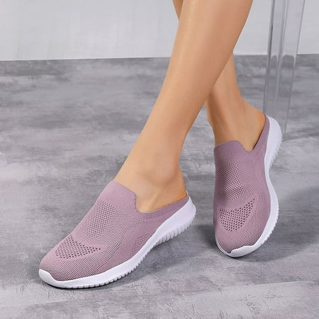 

SHYWJJ Women‘s Knitted Outdoor Sneakers Casual Solid Color Slip On Anti-skid Mules Comfy Slides Shoes Breathable Comfortable Sneakers Arch Support Backless Slippers
