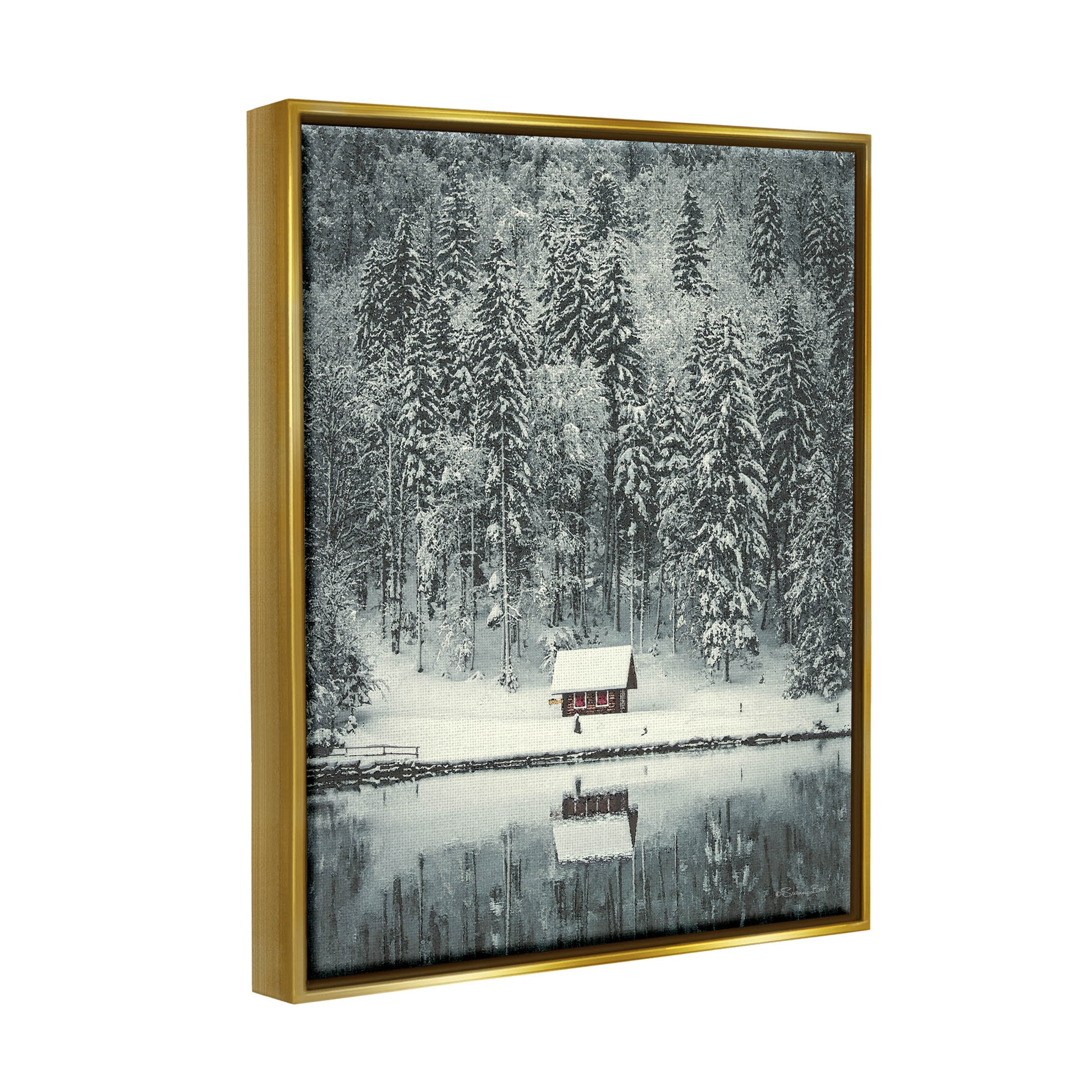 Snowy Woodland Hut Reflection Landscape Painting Metallic Gold Framed Art Print Wall Art