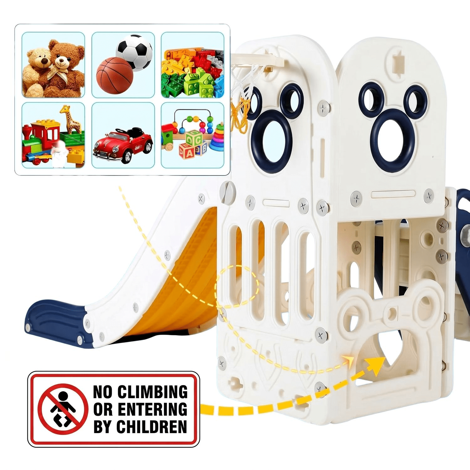 LAZY BUDDY 5-in-1 Slide and Swing Set for Toddlers, Kids Slide Climber Playset with Basketball Hoop, Indoor/Outdoor Playground