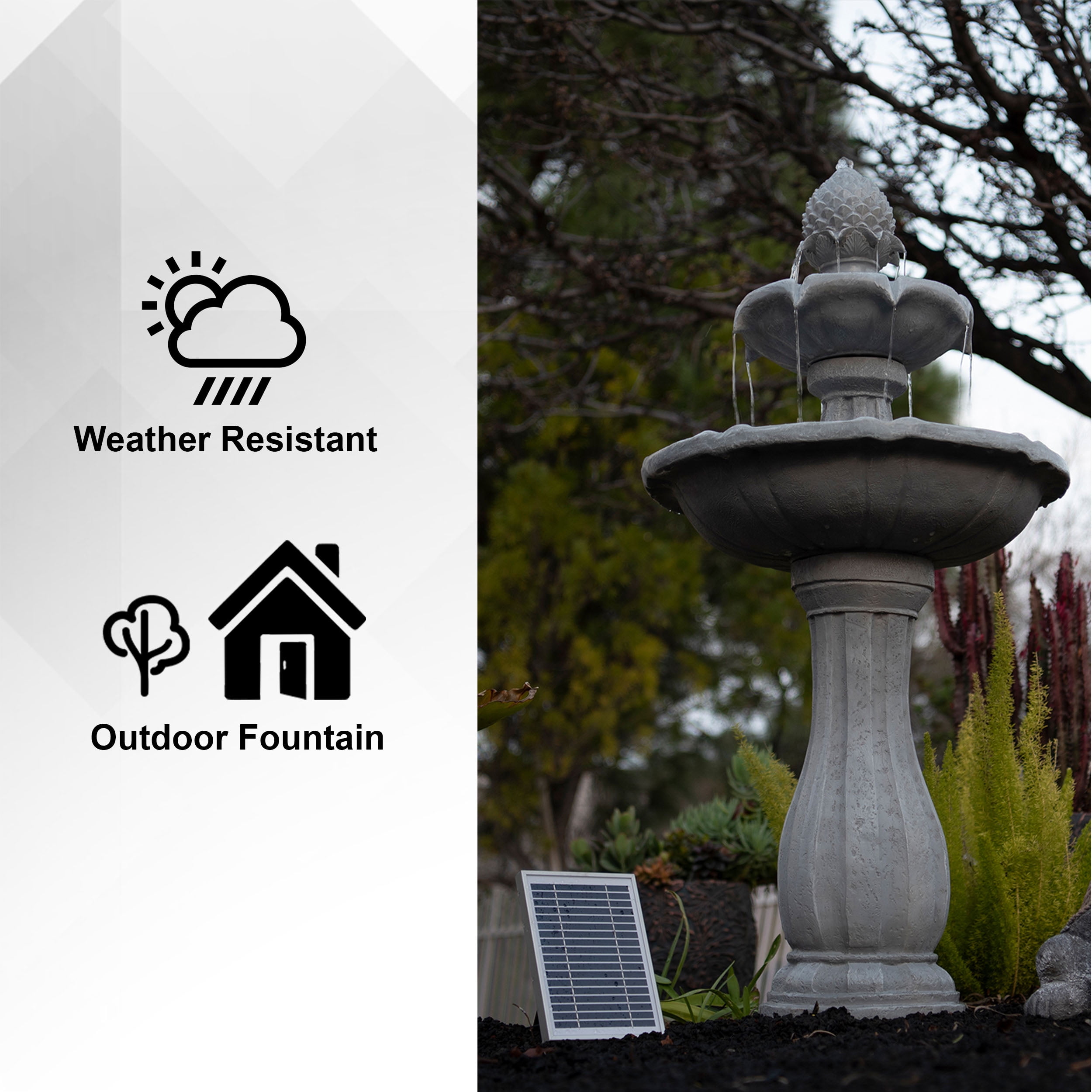 XBrand 44" H White Fiberglass/Resin 2-Tier Solar Water Fountain w/ Solar Panel and Auto-Shut Off Pump, Solar Garden Fountain, Tall Outdoor Fountain, Two Tiered Birdbath Fountain