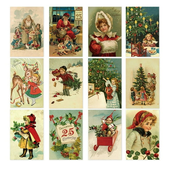 Cartes de Vacances 12pcs Joyeux Noël Cartes de Voeux Santa Claus Elk Girl Print Assorti Carte Postale du Nouvel An