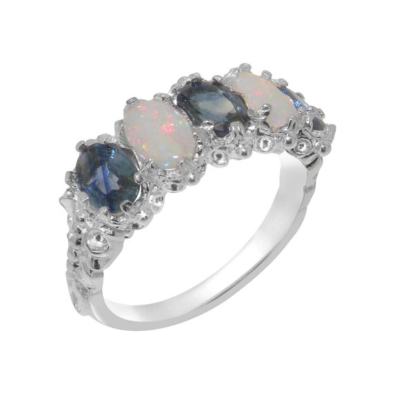 LBG British Made 925 Sterling Silver Natural Sapphire & Opal Womens Eternity Ring - 33 size options - Size 10