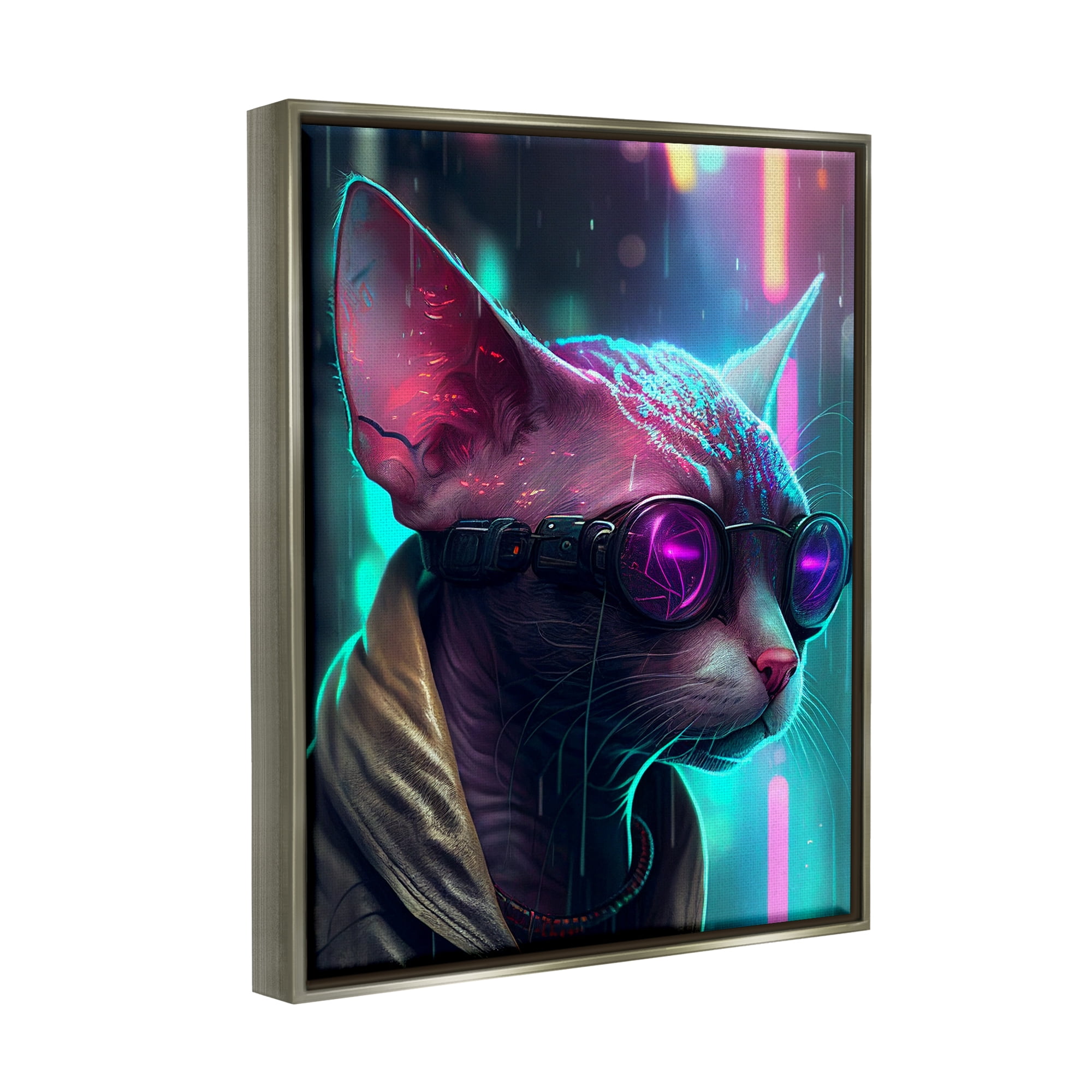 Stupell Industries Sphynx Cat Futuristic Cyber Style Animals & Insects Painting Gray Floater Framed Art Print Wall Art