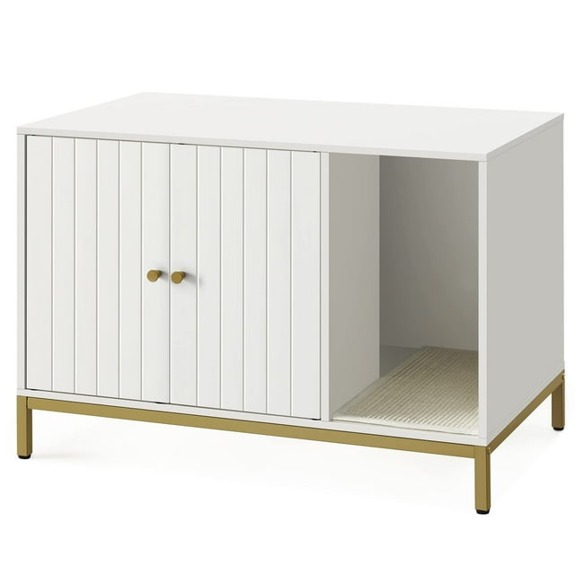 Mueble Arenero, Mueble de Caja Arenero para Gatos,con Alfombrilla Rascadora, Patas Altas, 80 x 50 x 55 cm, Blanco y Dorado