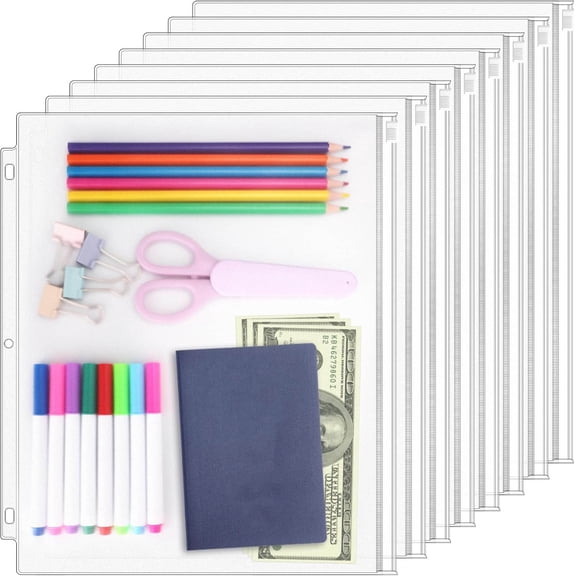 Clear Letter Size Binder Pockets 3 Ring Binder Zipper Pouch Document Organizer, Waterproof PVC 3-Hole Loose Leaf File Bags Insert Sleeves Page Sheet Protectors