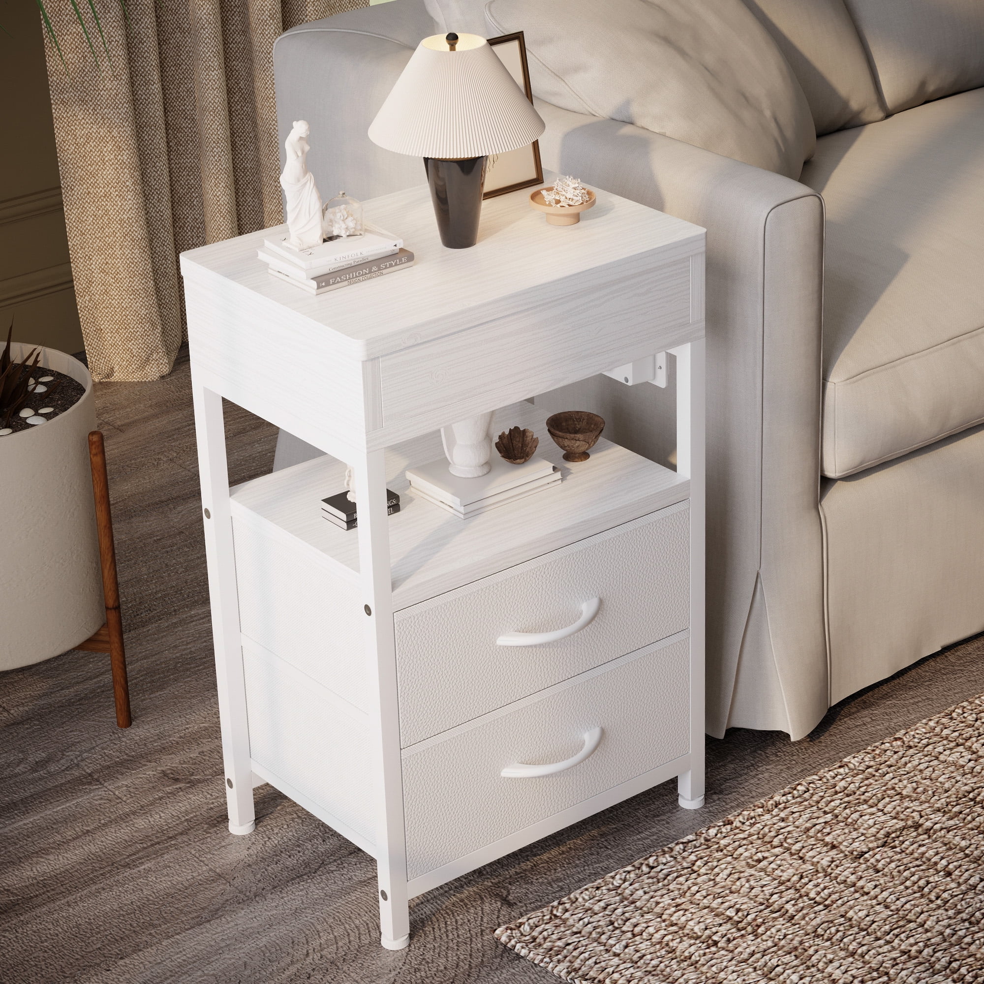 Bestco Nightstand with Sliding Top Modern End Table with Charging Station & 2 Drawers White