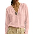 thumbnail image 6 of Women Solid Color V Neck Cotton Linen Blouse,Roll Up Long Sleeve Loose Bohemian Casual Shirt,Lightweight Breathable Basic Top for Daily Leisure,Travel Spring Summer 2026 Outfits Pink L, 6 of 6