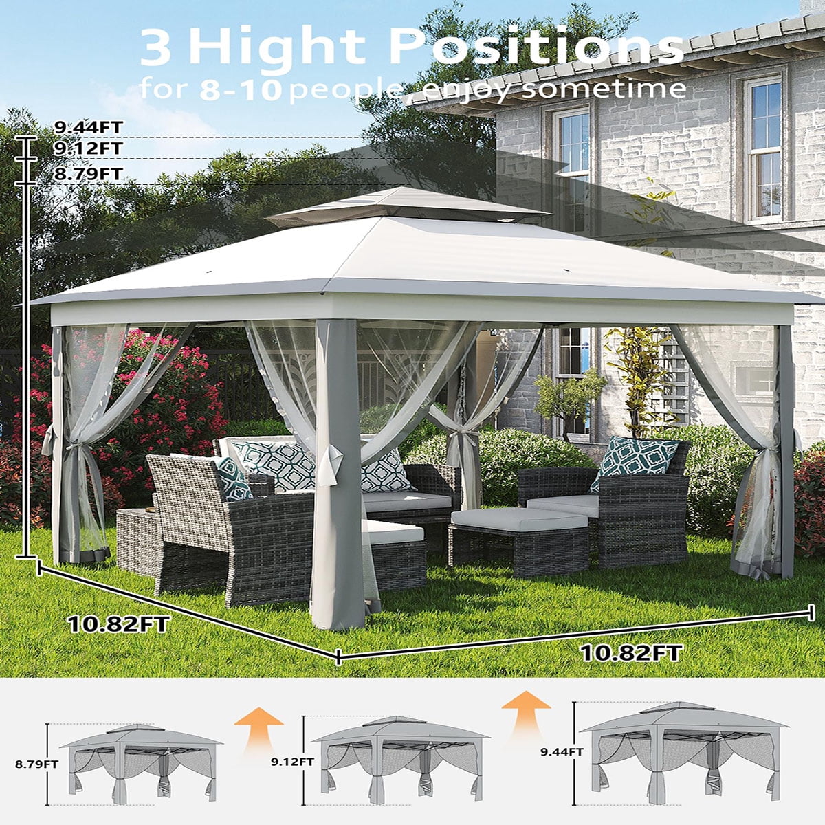 Ataucjin 11x11 FT Outdoor Gazebo, Heavy Duty Pavilion with Sturdy Metal Frame & Double Roofs, Patio Shelter with Mosquito Netting, Ideal for Backyard, Garden, Lawn, Deck