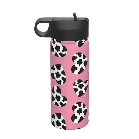 

Fuzoiu heart with cow Print 18oz Insulated Sports Kettle Outdoor Sport Gym Stainless Steel Water Bottle With Straw Lid