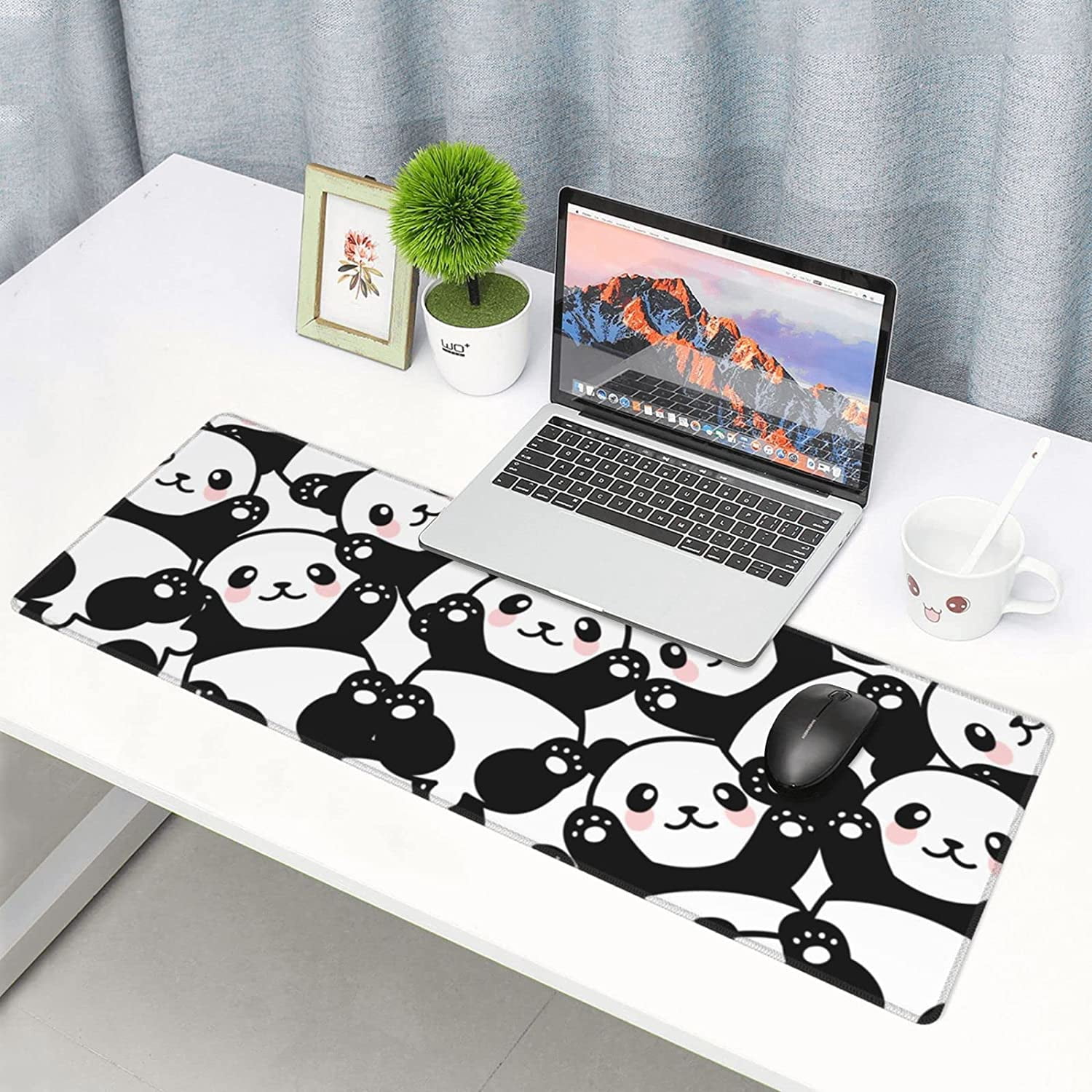 Cute Panda Print Mouse Pad Extended Large Gaming Mouse Pad XL Oversized Desk Pad Stitched Edges Non-Slip Mat 31.5 X 11.8 Inch