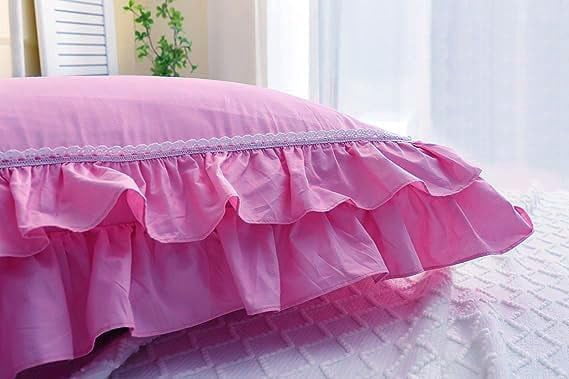2-Pack Pink Pillow Shams Pillowcases with Lace and Ruffles Cotton Queen Size 20"X30" Shabby Chic