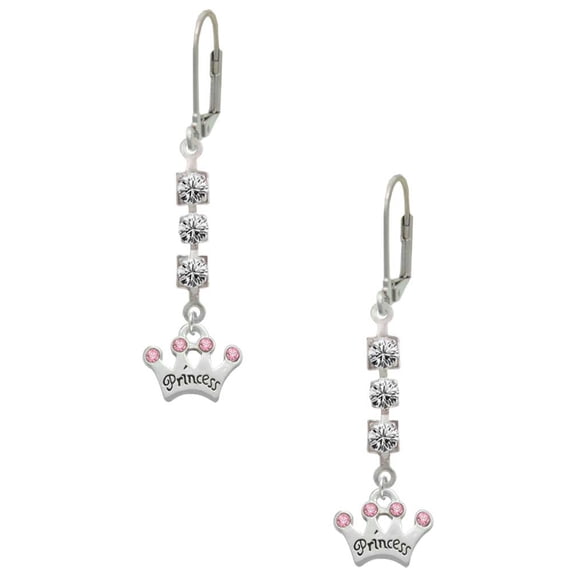 Silvertone Small ''Princess'' Crown with Pink Crystals Crystal Madison Leverback Earrings