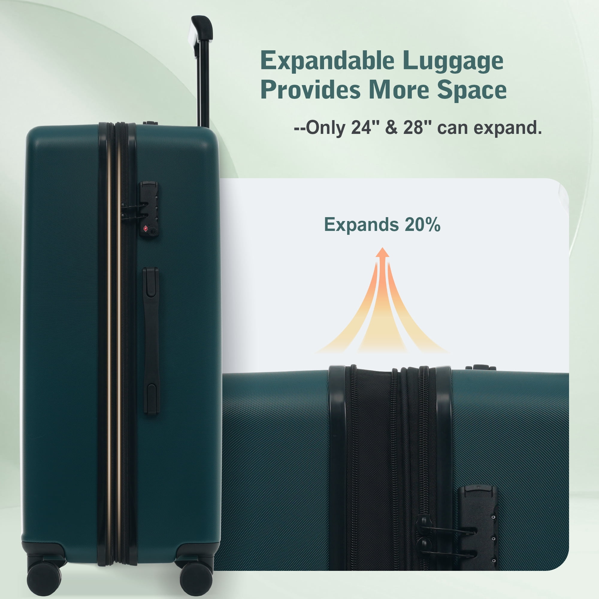 Euroco 5 Piece Front Opening Luggage Sets, Hardside Expandable Carry On Suitcase Set with USB Port,TSA Locks, Spinner Wheels and 2 Bags,Lightweight Travel Luggage for Men Women(20"/24"/28"),Green