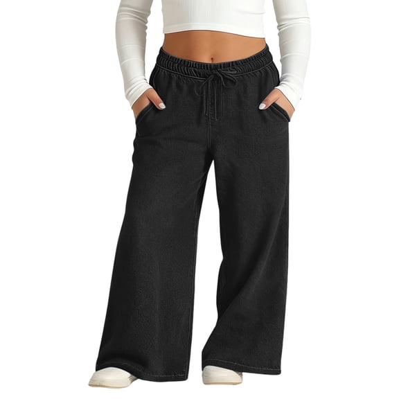 UACY Baggy Jeans for Girls Drawstring Wide Leg Denim Pants with Pockets Elastic High Waisted Strechy Pull On Trousers 