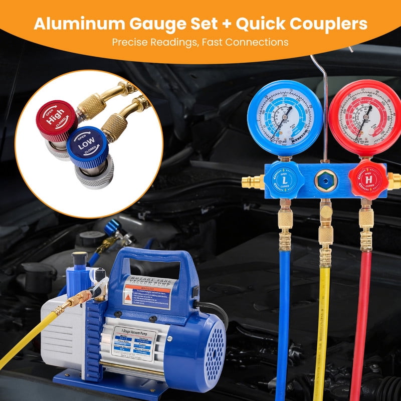 Gianna 110V 1/3 HP 4CFM Single Stage Vacuum Pump Kit with R134a Manifold Gauge Set, Leak Detector, 1/4" Hoses & Carry Bag for HVAC AC Refrigeration, ETL Listed (Blue)